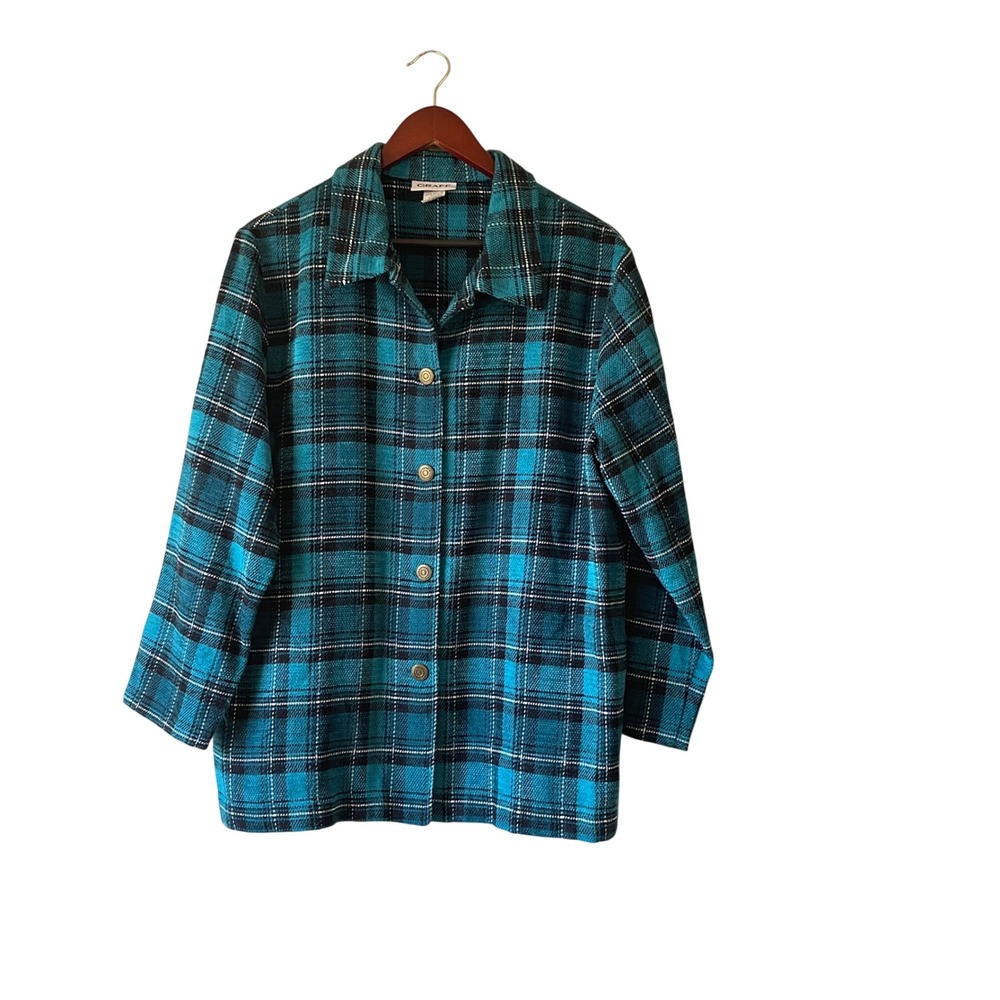 Vintage GRAFF Plaid Button Front Jacket Teal Black‎ Women's Size L grunge
